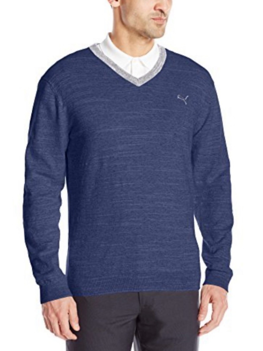 Men's Puma Logo Golf V-Neck Cotton Wool Blend Pullover Knit Sweater Size Lrg